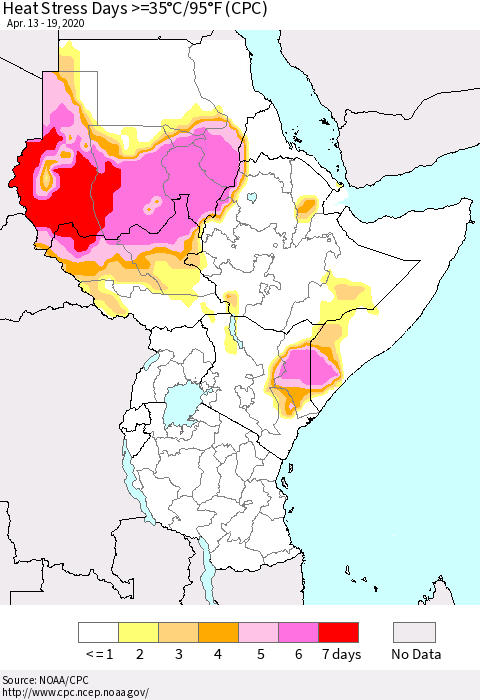 Eastern Africa Heat Stress Days >=35°C/95°F (CPC) Thematic Map For 4/13/2020 - 4/19/2020