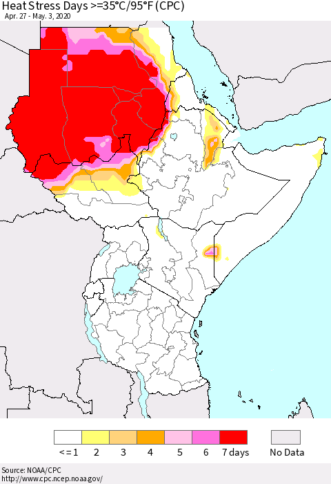 Eastern Africa Heat Stress Days >=35°C/95°F (CPC) Thematic Map For 4/27/2020 - 5/3/2020