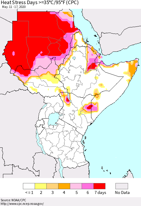 Eastern Africa Heat Stress Days >=35°C/95°F (CPC) Thematic Map For 5/11/2020 - 5/17/2020