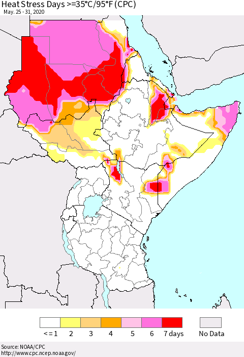 Eastern Africa Heat Stress Days >=35°C/95°F (CPC) Thematic Map For 5/25/2020 - 5/31/2020