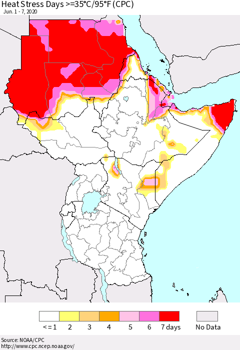 Eastern Africa Heat Stress Days >=35°C/95°F (CPC) Thematic Map For 6/1/2020 - 6/7/2020