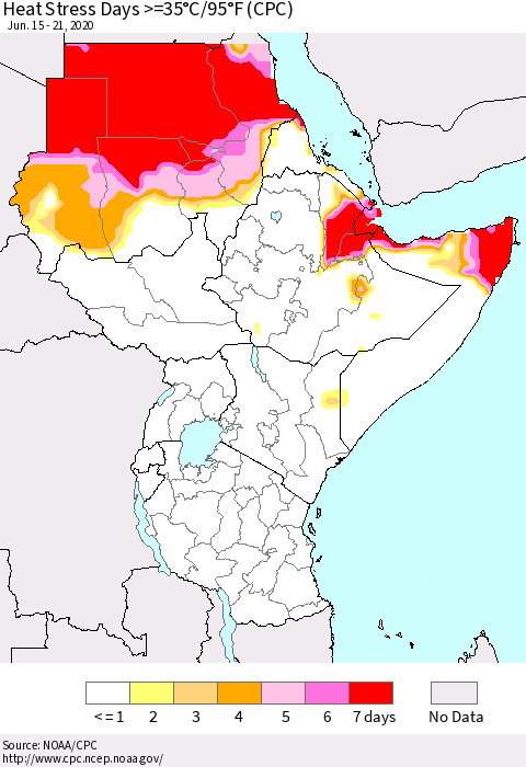Eastern Africa Heat Stress Days >=35°C/95°F (CPC) Thematic Map For 6/15/2020 - 6/21/2020