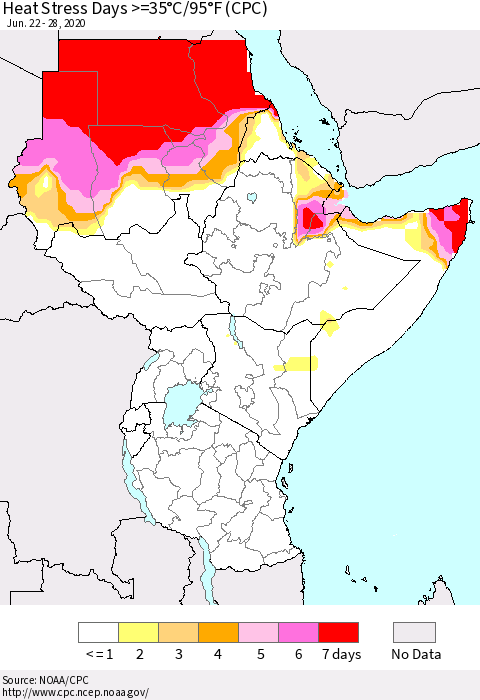 Eastern Africa Heat Stress Days >=35°C/95°F (CPC) Thematic Map For 6/22/2020 - 6/28/2020