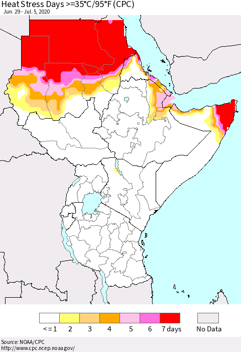 Eastern Africa Heat Stress Days >=35°C/95°F (CPC) Thematic Map For 6/29/2020 - 7/5/2020
