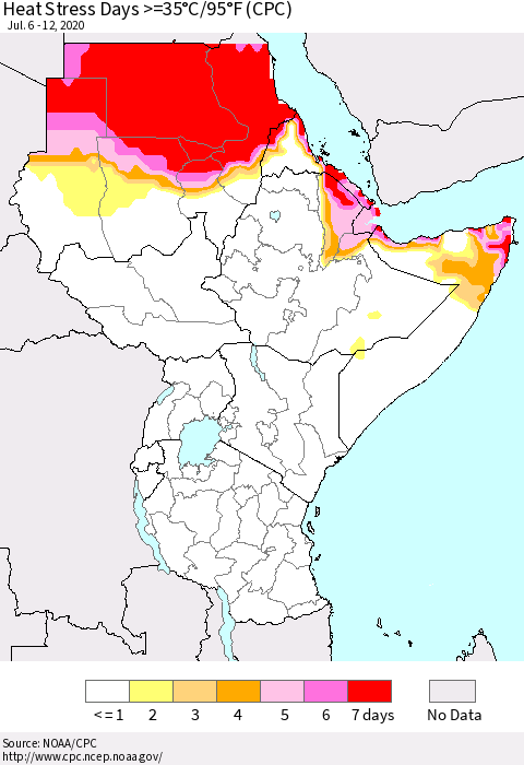 Eastern Africa Heat Stress Days >=35°C/95°F (CPC) Thematic Map For 7/6/2020 - 7/12/2020