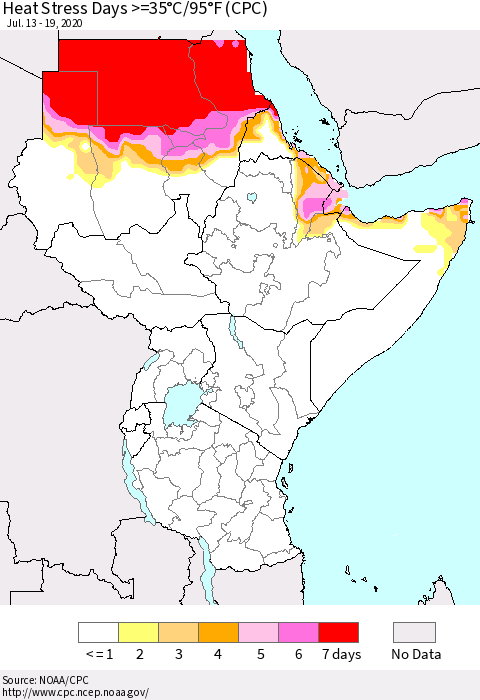 Eastern Africa Heat Stress Days >=35°C/95°F (CPC) Thematic Map For 7/13/2020 - 7/19/2020
