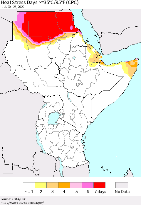 Eastern Africa Heat Stress Days >=35°C/95°F (CPC) Thematic Map For 7/20/2020 - 7/26/2020