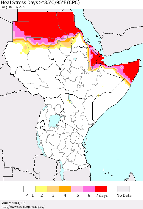 Eastern Africa Heat Stress Days >=35°C/95°F (CPC) Thematic Map For 8/10/2020 - 8/16/2020