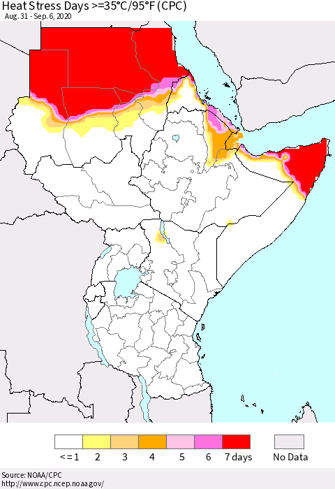 Eastern Africa Heat Stress Days >=35°C/95°F (CPC) Thematic Map For 8/31/2020 - 9/6/2020