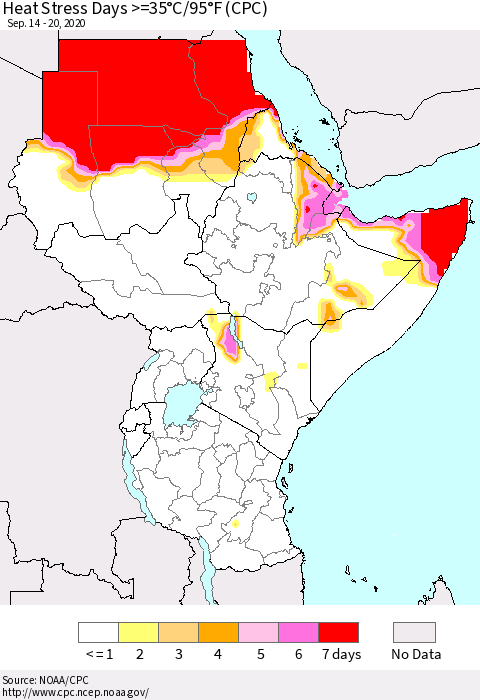 Eastern Africa Heat Stress Days >=35°C/95°F (CPC) Thematic Map For 9/14/2020 - 9/20/2020