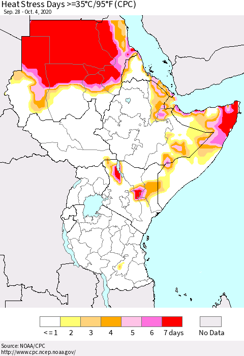 Eastern Africa Heat Stress Days >=35°C/95°F (CPC) Thematic Map For 9/28/2020 - 10/4/2020