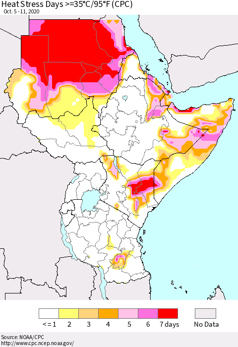 Eastern Africa Heat Stress Days >=35°C/95°F (CPC) Thematic Map For 10/5/2020 - 10/11/2020