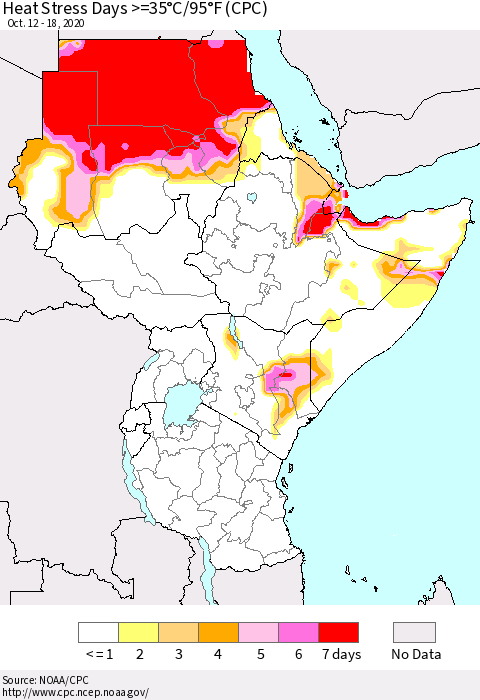Eastern Africa Heat Stress Days >=35°C/95°F (CPC) Thematic Map For 10/12/2020 - 10/18/2020