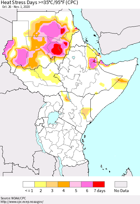Eastern Africa Heat Stress Days >=35°C/95°F (CPC) Thematic Map For 10/26/2020 - 11/1/2020