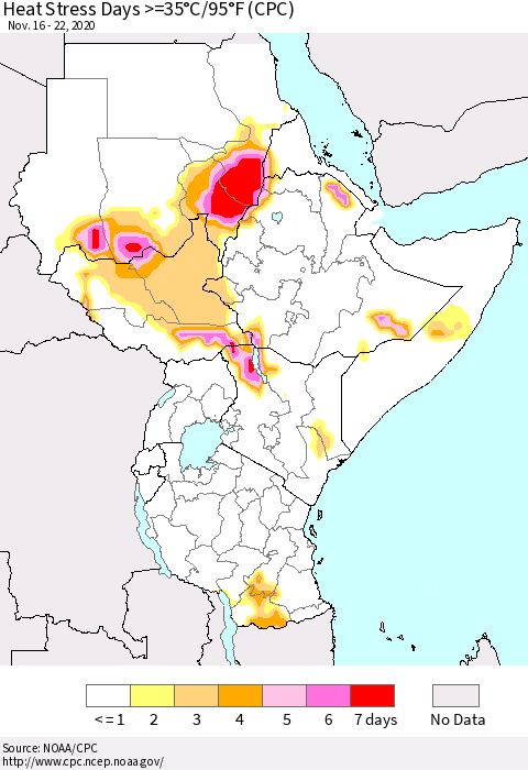 Eastern Africa Heat Stress Days >=35°C/95°F (CPC) Thematic Map For 11/16/2020 - 11/22/2020