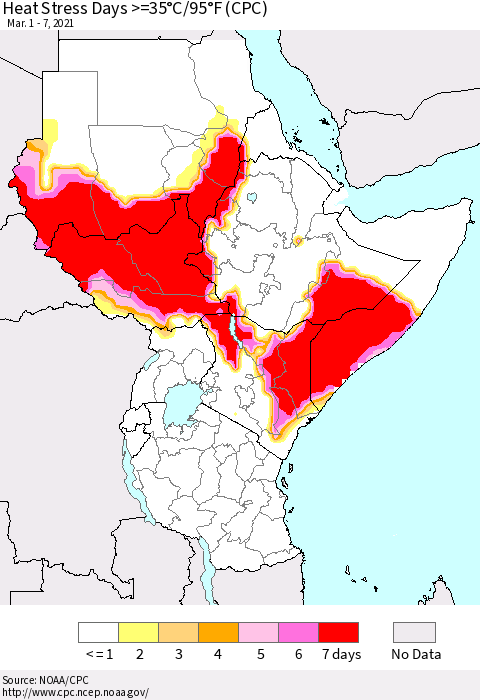 Eastern Africa Heat Stress Days >=35°C/95°F (CPC) Thematic Map For 3/1/2021 - 3/7/2021