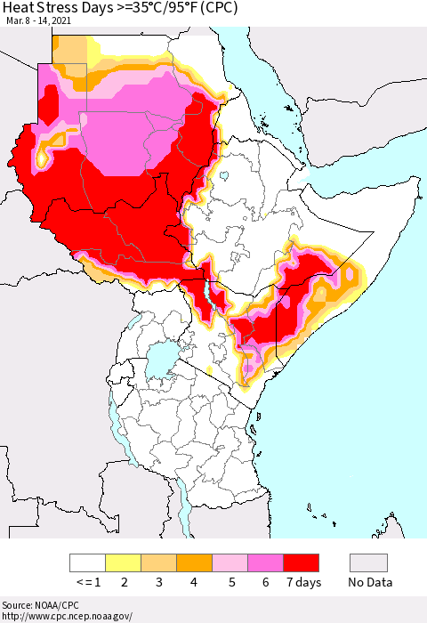 Eastern Africa Heat Stress Days >=35°C/95°F (CPC) Thematic Map For 3/8/2021 - 3/14/2021