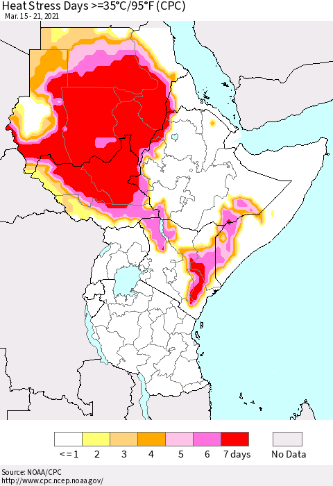 Eastern Africa Heat Stress Days >=35°C/95°F (CPC) Thematic Map For 3/15/2021 - 3/21/2021