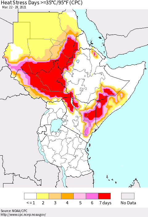 Eastern Africa Heat Stress Days >=35°C/95°F (CPC) Thematic Map For 3/22/2021 - 3/28/2021