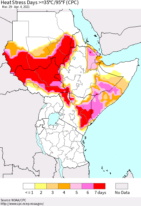 Eastern Africa Heat Stress Days >=35°C/95°F (CPC) Thematic Map For 3/29/2021 - 4/4/2021