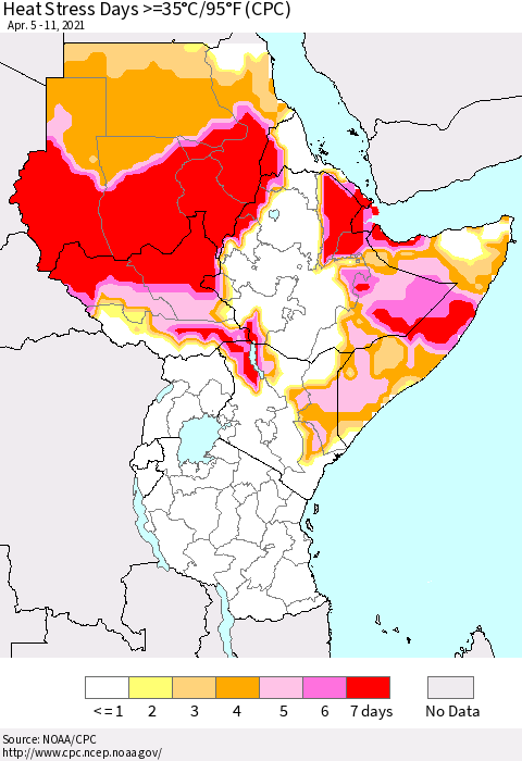 Eastern Africa Heat Stress Days >=35°C/95°F (CPC) Thematic Map For 4/5/2021 - 4/11/2021
