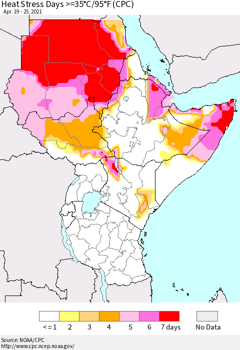 Eastern Africa Heat Stress Days >=35°C/95°F (CPC) Thematic Map For 4/19/2021 - 4/25/2021