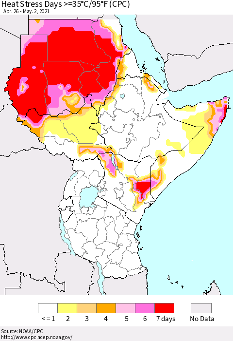 Eastern Africa Heat Stress Days >=35°C/95°F (CPC) Thematic Map For 4/26/2021 - 5/2/2021