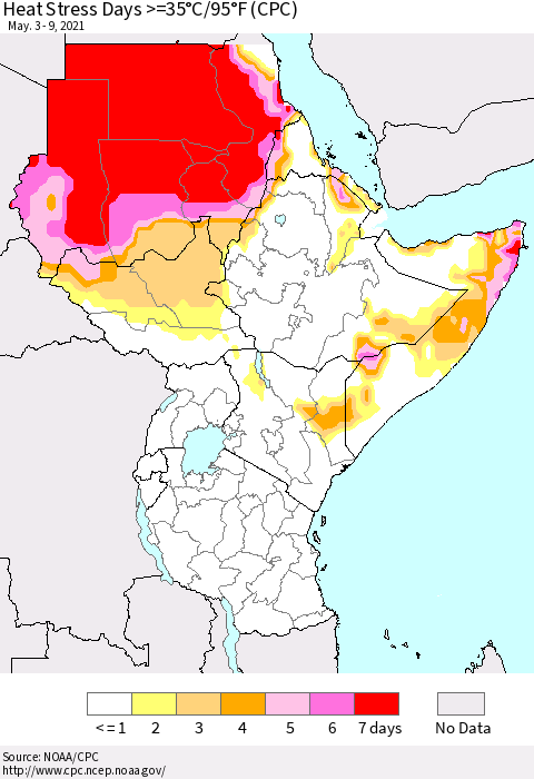Eastern Africa Heat Stress Days >=35°C/95°F (CPC) Thematic Map For 5/3/2021 - 5/9/2021