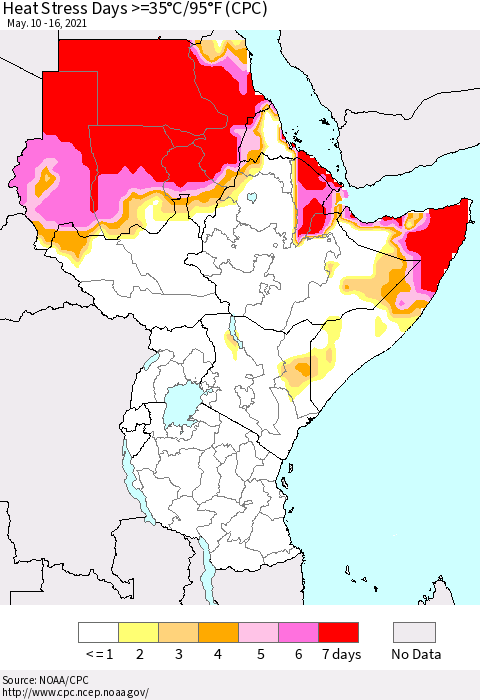 Eastern Africa Heat Stress Days >=35°C/95°F (CPC) Thematic Map For 5/10/2021 - 5/16/2021