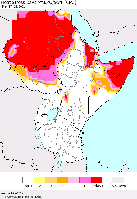 Eastern Africa Heat Stress Days >=35°C/95°F (CPC) Thematic Map For 5/17/2021 - 5/23/2021