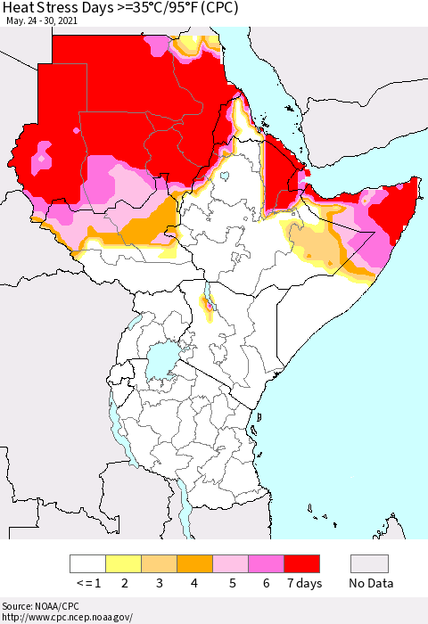Eastern Africa Heat Stress Days >=35°C/95°F (CPC) Thematic Map For 5/24/2021 - 5/30/2021