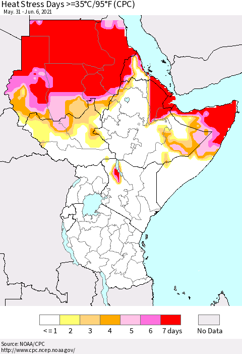 Eastern Africa Heat Stress Days >=35°C/95°F (CPC) Thematic Map For 5/31/2021 - 6/6/2021