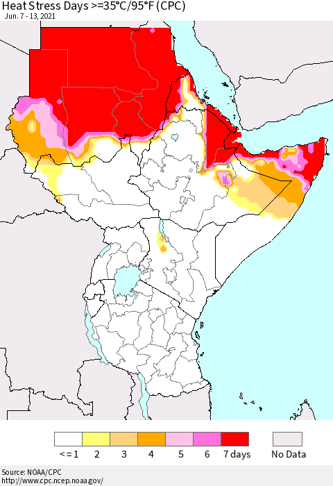 Eastern Africa Heat Stress Days >=35°C/95°F (CPC) Thematic Map For 6/7/2021 - 6/13/2021