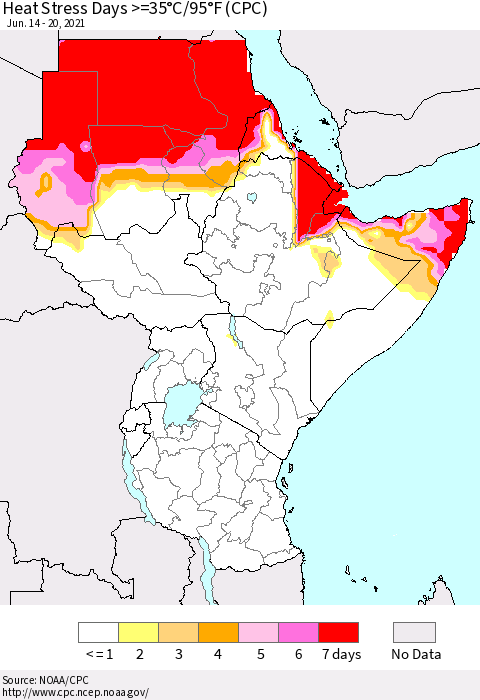 Eastern Africa Heat Stress Days >=35°C/95°F (CPC) Thematic Map For 6/14/2021 - 6/20/2021