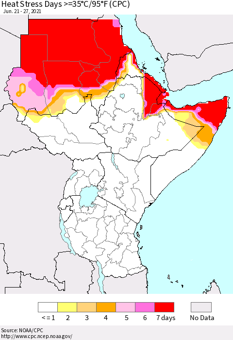 Eastern Africa Heat Stress Days >=35°C/95°F (CPC) Thematic Map For 6/21/2021 - 6/27/2021