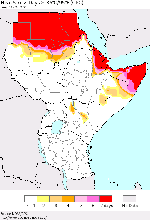 Eastern Africa Heat Stress Days >=35°C/95°F (CPC) Thematic Map For 8/16/2021 - 8/22/2021