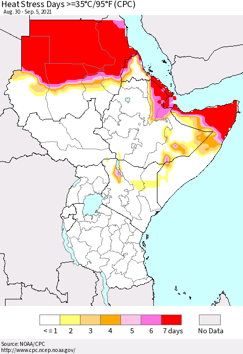 Eastern Africa Heat Stress Days >=35°C/95°F (CPC) Thematic Map For 8/30/2021 - 9/5/2021