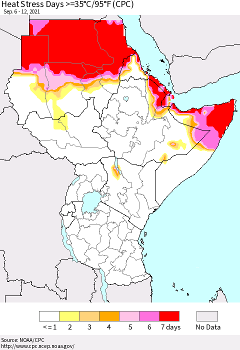 Eastern Africa Heat Stress Days >=35°C/95°F (CPC) Thematic Map For 9/6/2021 - 9/12/2021