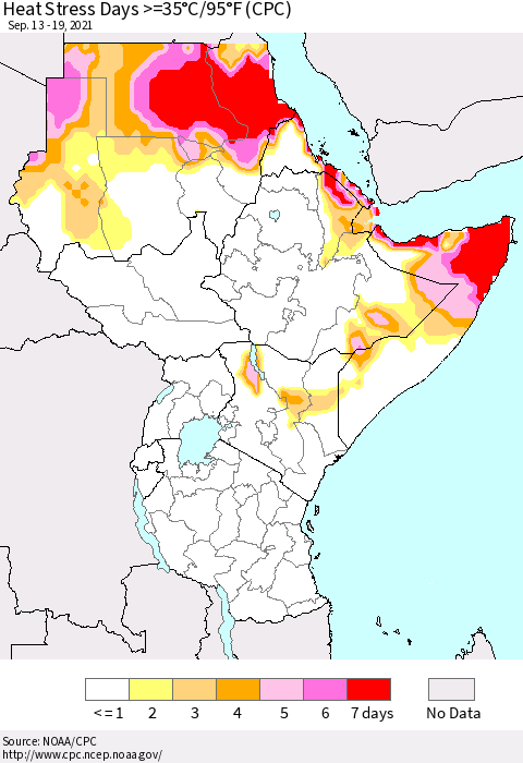 Eastern Africa Heat Stress Days >=35°C/95°F (CPC) Thematic Map For 9/13/2021 - 9/19/2021