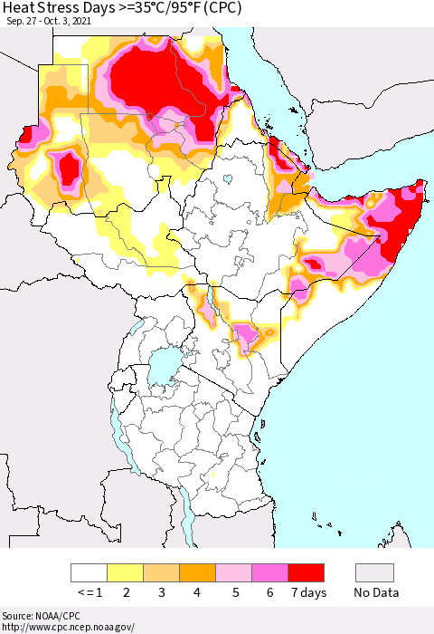 Eastern Africa Heat Stress Days >=35°C/95°F (CPC) Thematic Map For 9/27/2021 - 10/3/2021