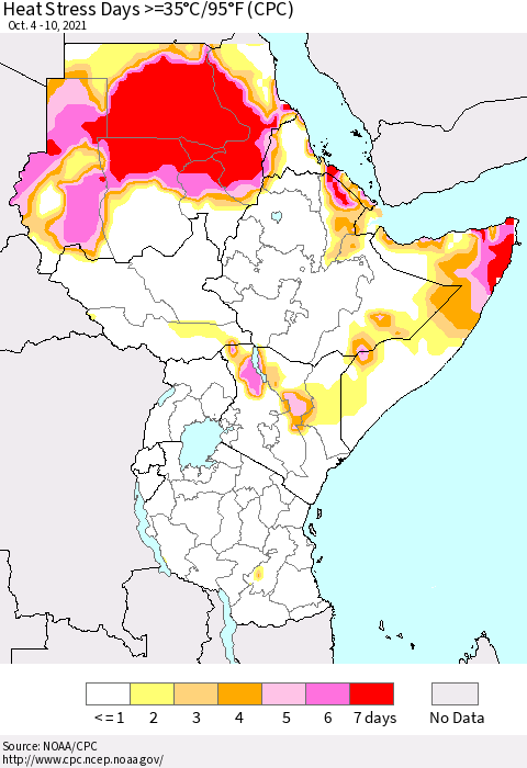 Eastern Africa Heat Stress Days >=35°C/95°F (CPC) Thematic Map For 10/4/2021 - 10/10/2021