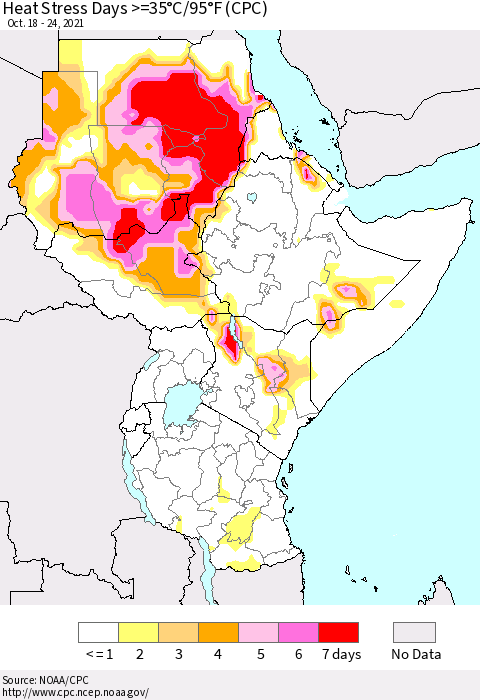Eastern Africa Heat Stress Days >=35°C/95°F (CPC) Thematic Map For 10/18/2021 - 10/24/2021