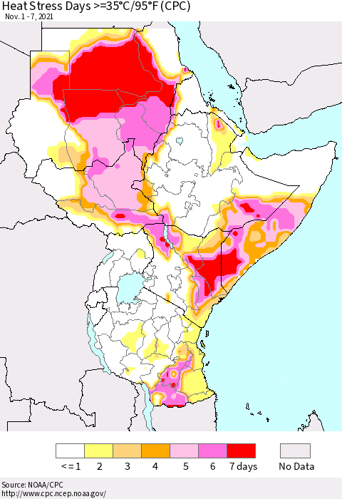 Eastern Africa Heat Stress Days >=35°C/95°F (CPC) Thematic Map For 11/1/2021 - 11/7/2021