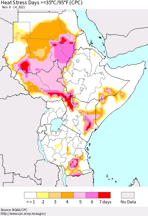 Eastern Africa Heat Stress Days >=35°C/95°F (CPC) Thematic Map For 11/8/2021 - 11/14/2021