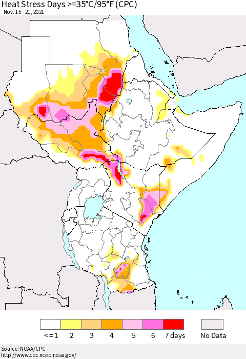 Eastern Africa Heat Stress Days >=35°C/95°F (CPC) Thematic Map For 11/15/2021 - 11/21/2021