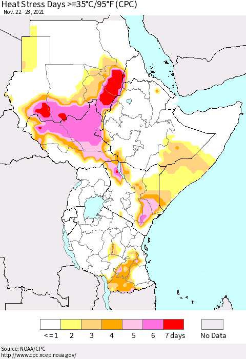 Eastern Africa Heat Stress Days >=35°C/95°F (CPC) Thematic Map For 11/22/2021 - 11/28/2021