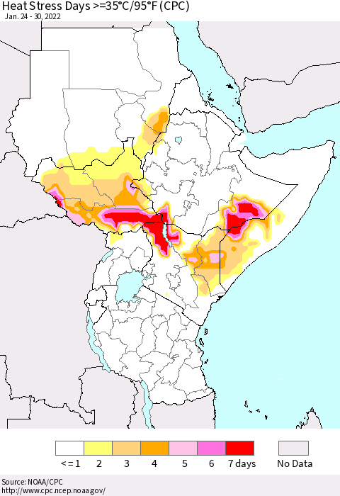 Eastern Africa Heat Stress Days >=35°C/95°F (CPC) Thematic Map For 1/24/2022 - 1/30/2022