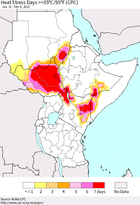 Eastern Africa Heat Stress Days >=35°C/95°F (CPC) Thematic Map For 1/31/2022 - 2/6/2022