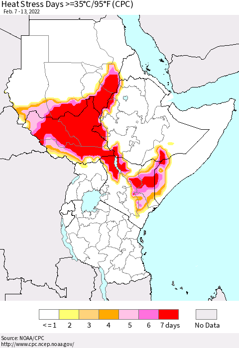 Eastern Africa Heat Stress Days >=35°C/95°F (CPC) Thematic Map For 2/7/2022 - 2/13/2022