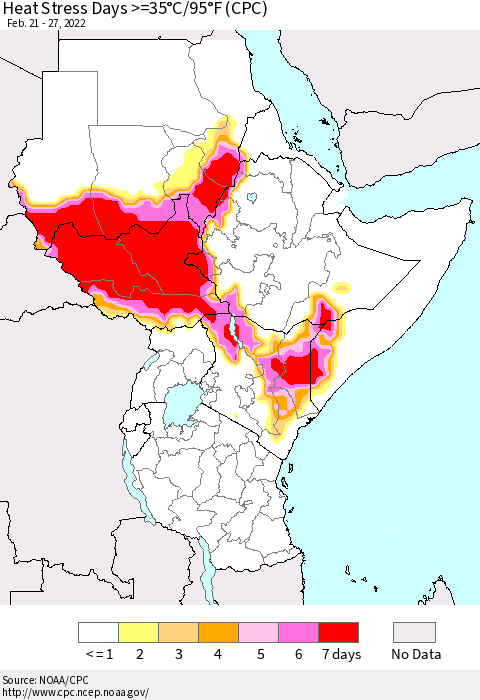 Eastern Africa Heat Stress Days >=35°C/95°F (CPC) Thematic Map For 2/21/2022 - 2/27/2022